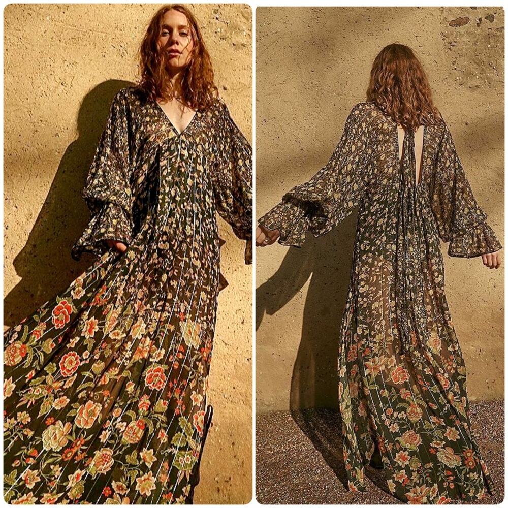 NEW Rococo Sand Hana Kaftan Dress Womens M Floral Printed Flowy Boho Maxi